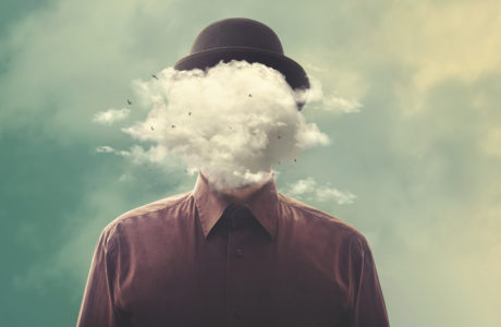 man with bowler with cloud over his head
